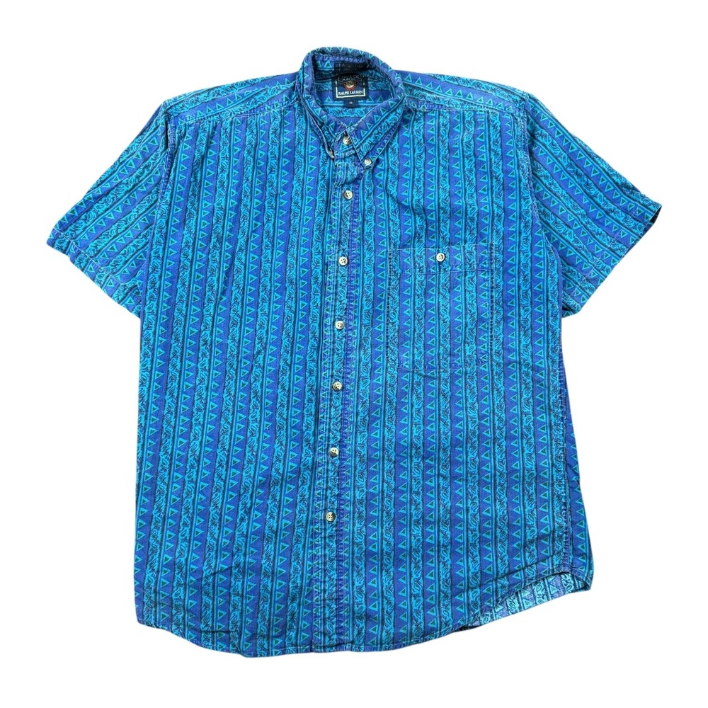 Vintage 90s Chaps Ralph Lauren Shirt Men Medium Blue Geometric Button Up Surfer